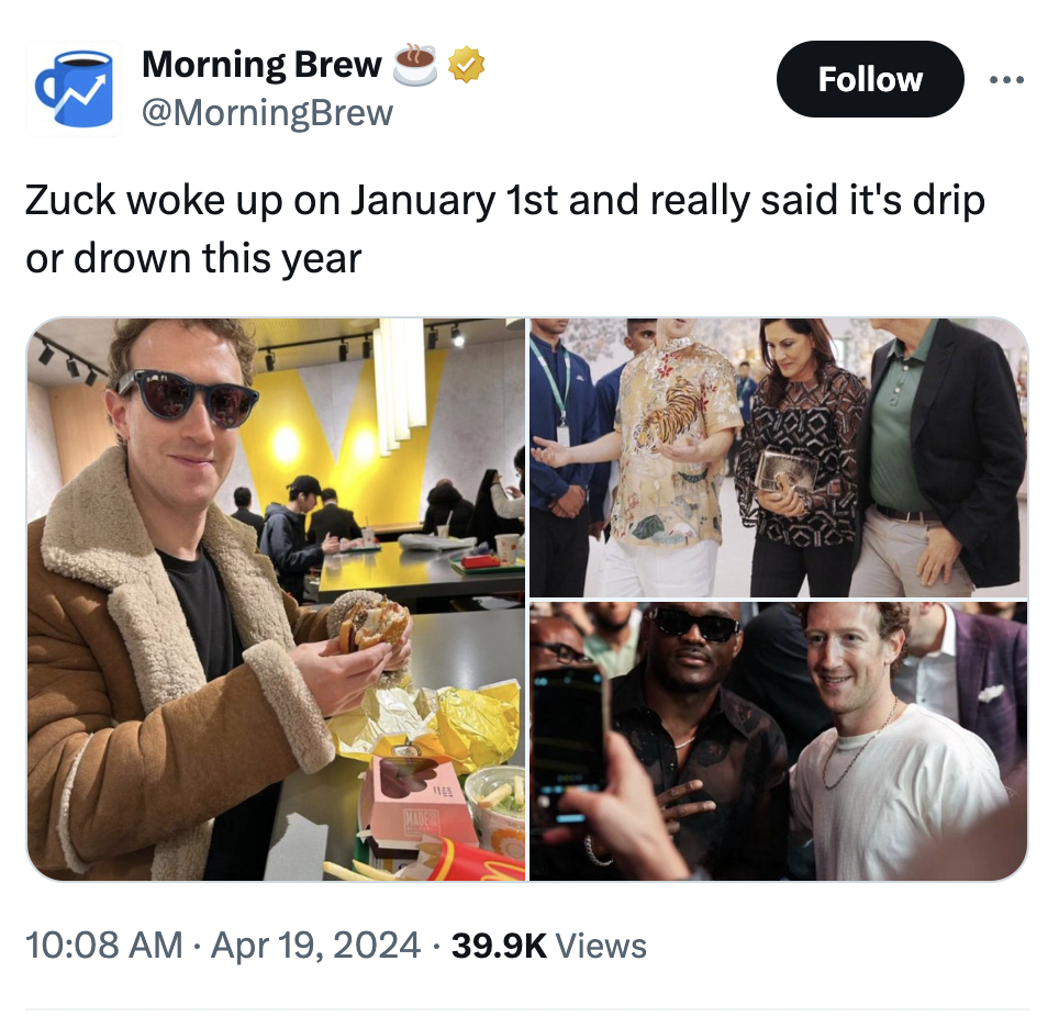 tokyo zuckerberg mcdonald - Morning Brew Zuck woke up on January 1st and really said it's drip or drown this year Views